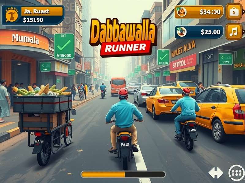 Dabbawala Runner Game Interface showing Mumbai dabbawala racing gameplay in a crowded Mumbai street setting